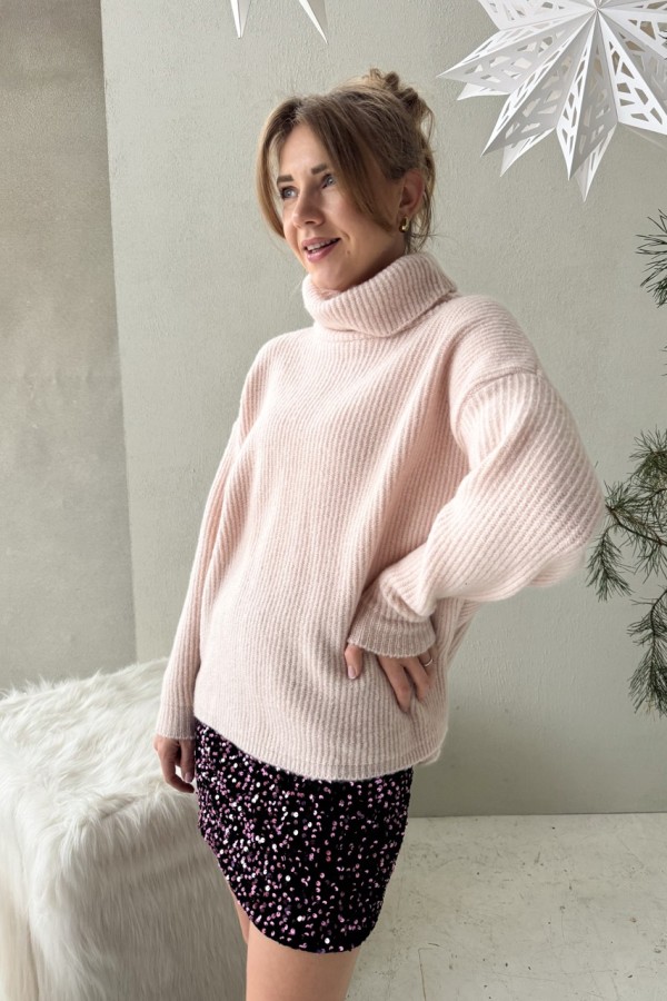 SWETER GOLF PRĄŻKOWANY Z WEŁNĄ PUDROWY RÓŻ 3