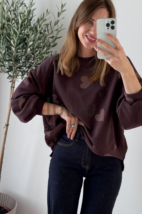 BLUZA CZEKOLADOWA Z MIĘSITEJ BAWEŁNY W SERDUSZKA
