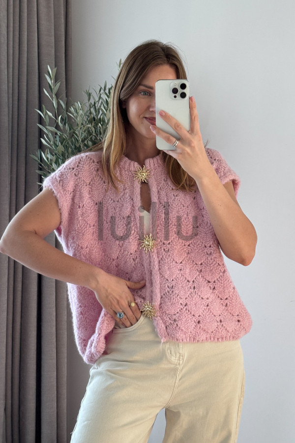 SWETER KAMIZELKA RÓŻOWY ZE ZŁOTYMI APLIKACJAMI SŁOŃCA