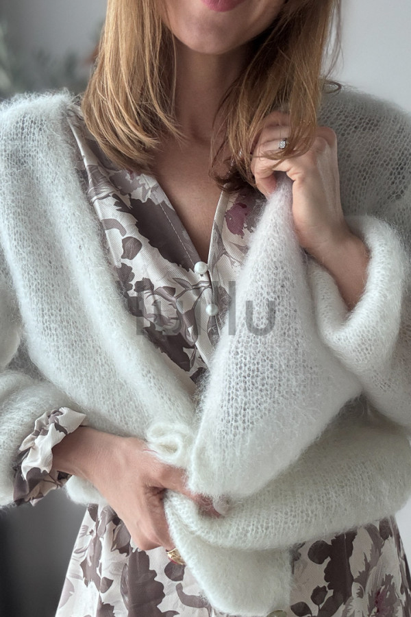 SWETER ŚMIETANOWY ROZPINANY PREMIUM Z WEŁNĄ KID MOHER PERLA