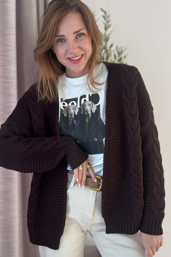 SWETER KARDIGAN CZEKOLADOWY W SPLOCIE WARKOCZ