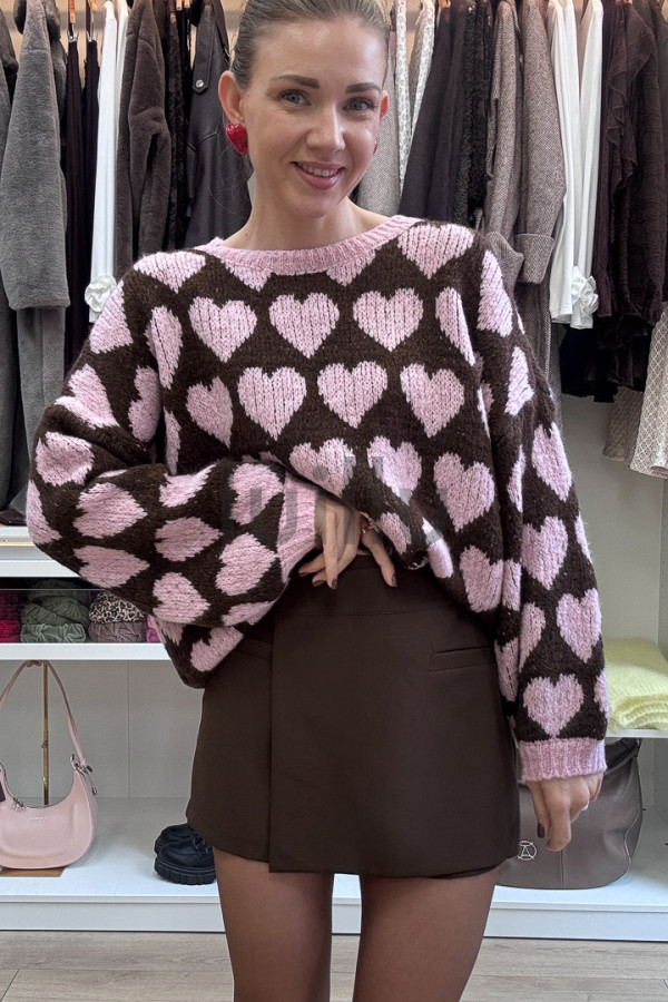 SWETER CZEKOLADOWY W PUDROWE SERDUSZKA AMELIA