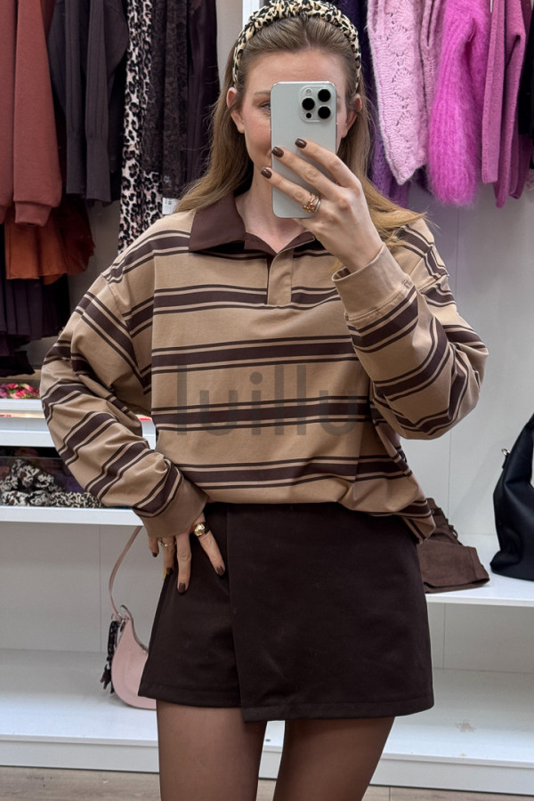 BLUZA Z KOŁNIERZEM W LATTE PASKI LILA 2