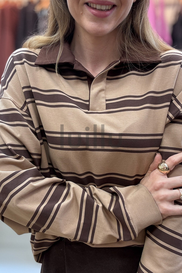 BLUZA Z KOŁNIERZEM W LATTE PASKI LILA 7